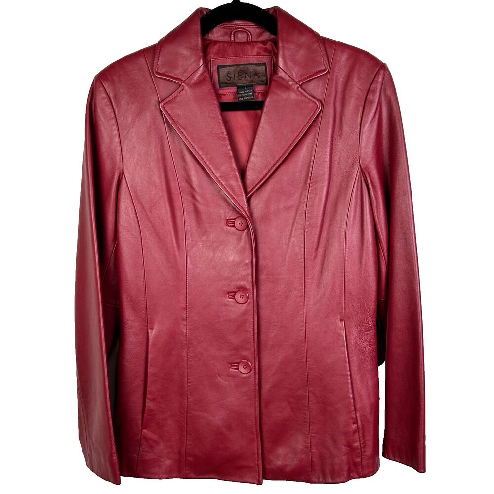 Siena Vintage 90's Red Leather Blazer Button Front Collared Lined Jacket Retro 4